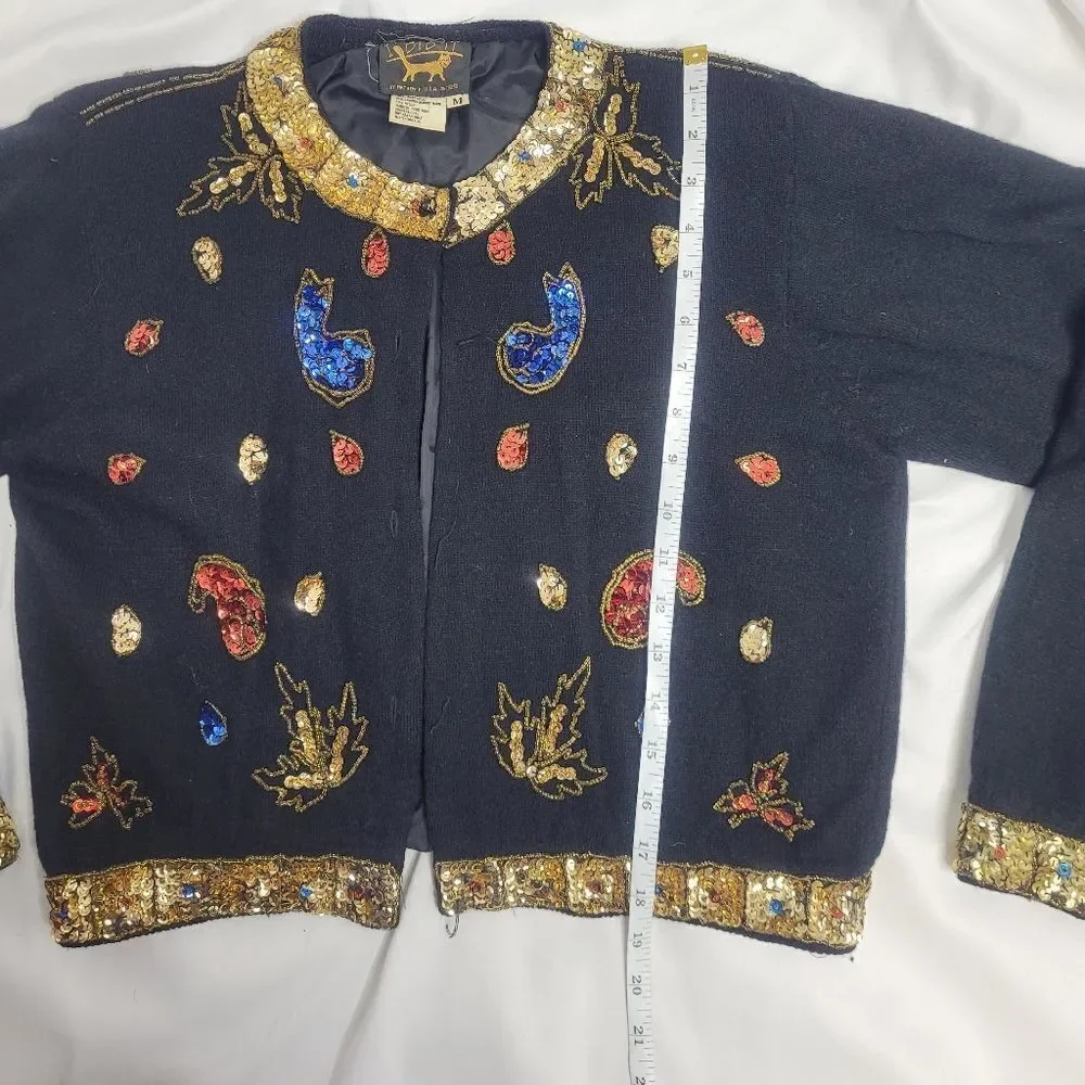 VINTAGE 80s cardigan black‎ sequined embellished wool angora sweater M